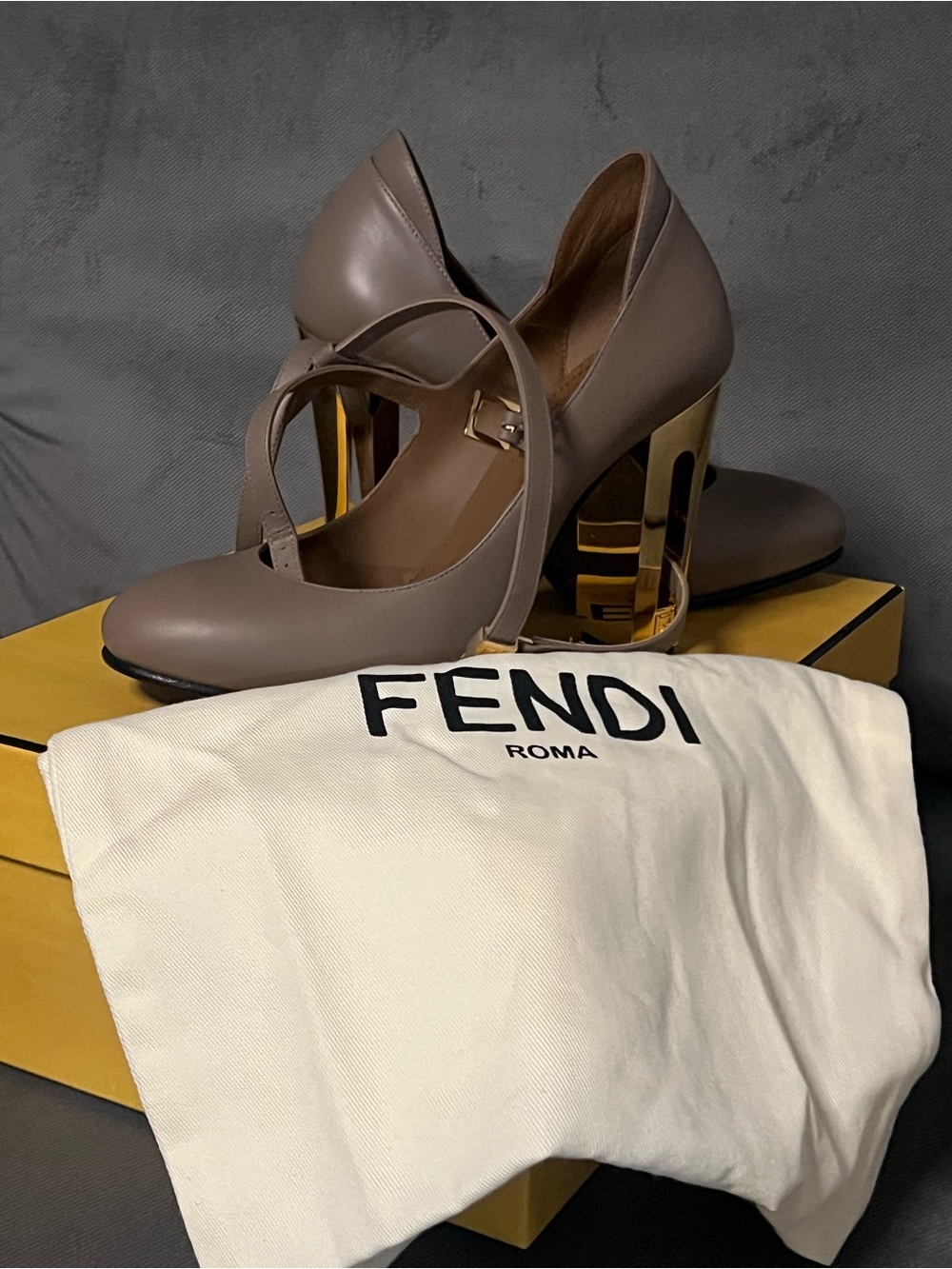 Fendi Taupe Mary Jane Pumps with Gold Sculptural Heel